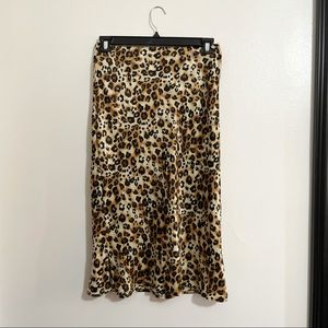 Liv Los Angeles Cheetah Print Brown Black Satin Midi Skirt Leopard Animal Print
